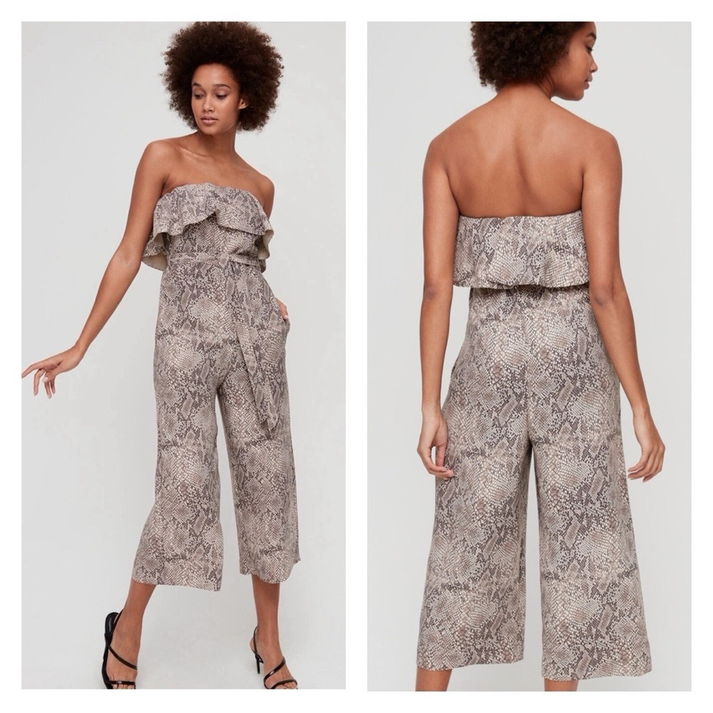 Babaton Gray and Brown Strapless Jumpsuit with Ruffle Detail